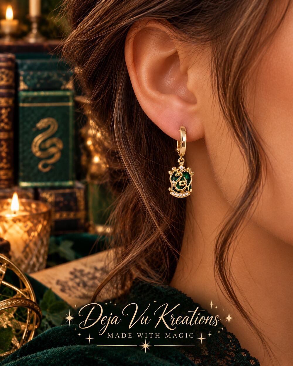 COMING SOON!! Slytherin Harry Potter Crest Earrings Gold Plated Green CZ Pair